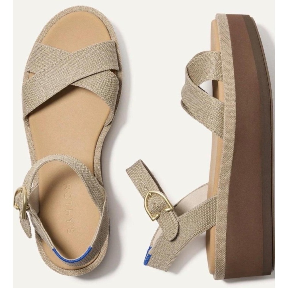Rothys The Pismo Platform Sandals Aurora Gold Shimmer Knit Women 9.5 259-001